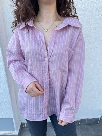 Pembe Çizgi Dokulu Oversize Gömlek