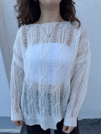 Ekru Ajurlu Asimetrik Kesim Triko