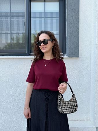 CS Bordo Bisiklet Yaka Basic T-Shirt