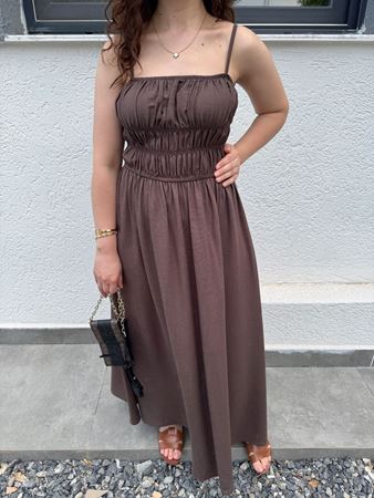 Kahverengi Biyeli İp Askılı Keten Elbise