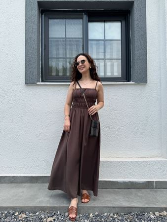 Kahverengi Biyeli İp Askılı Keten Elbise