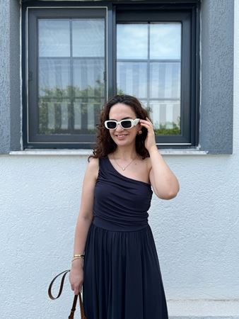 Lacivert Tek Omuz Üstü Büzgülü Modal Elbise