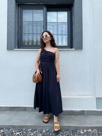 Lacivert Tek Omuz Üstü Büzgülü Modal Elbise