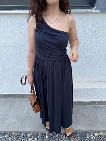 Lacivert Tek Omuz Üstü Büzgülü Modal Elbise