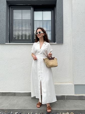 Beyaz Keten Gömlek Elbise