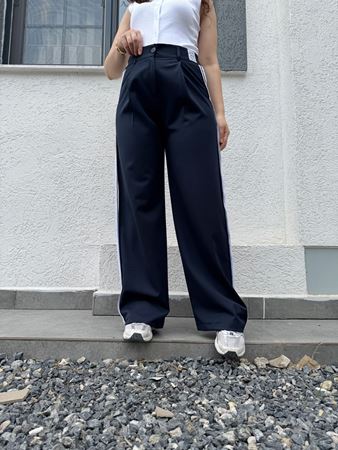 Lacivert Yanları Şeritli Beli Lastikli Palazzo Pantolon