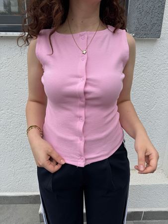 Pembe Kayık Yaka Düğmeli Kolsuz Body