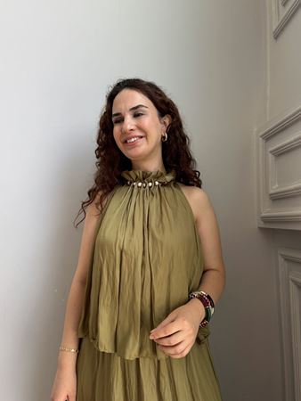 Yağ Yeşili Yakası Boncuklı Kraşlı Elbise