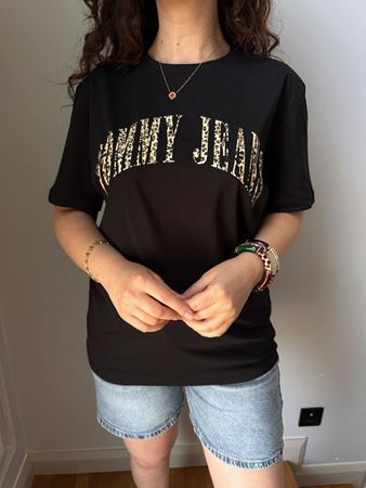 TMMY Siyah Leopar Yazı Detaylı Basıc T-shirt