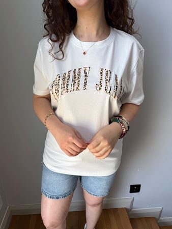 TMMY Beyaz Leopar Yazı Detaylı Basıc T-shirt