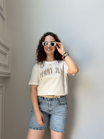 TMMY Beyaz Leopar Yazı Detaylı Basıc T-shirt