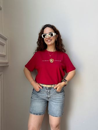 TMMY Kırmızı Yazı Detaylı Basıc T-Shirt
