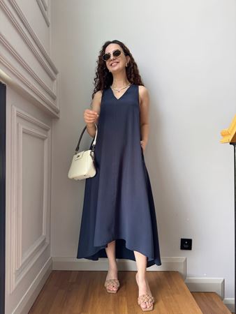 Lacivert V Yaka Tensel Elbise