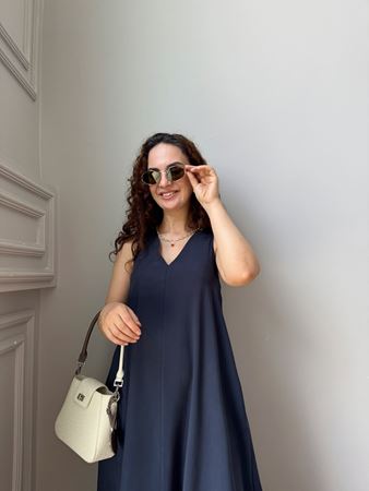 Lacivert V Yaka Tensel Elbise