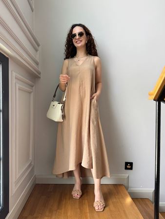 Bej V Yaka Tensel Elbise