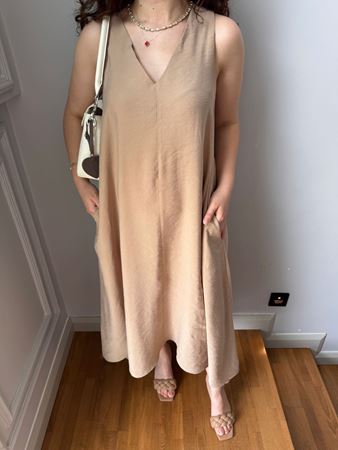 Bej V Yaka Tensel Elbise