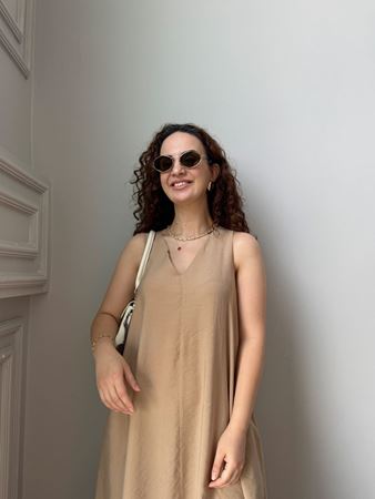 Bej V Yaka Tensel Elbise