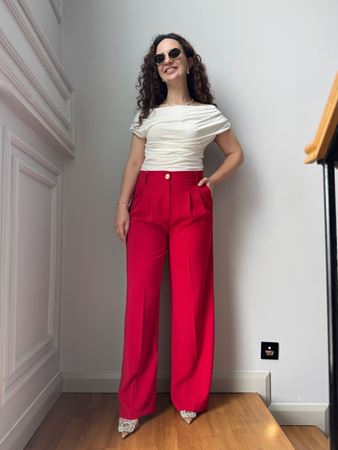 Kırmızı Beli Lastilikli Ultra Yüksek Bel Palazzo Pantolon