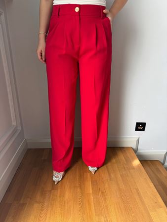 Kırmızı Beli Lastilikli Ultra Yüksek Bel Palazzo Pantolon