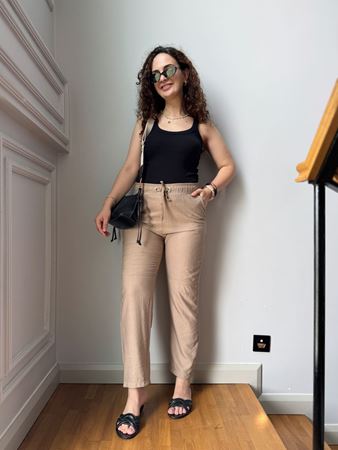 Bej Beli Lastikli Havuç Pantolon