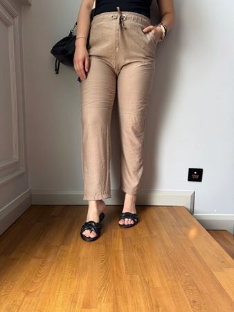 Bej Beli Lastikli Havuç Pantolon