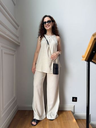 Bej Beli Lastikli Keten Pantolon
