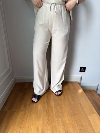 Bej Beli Lastikli Keten Pantolon