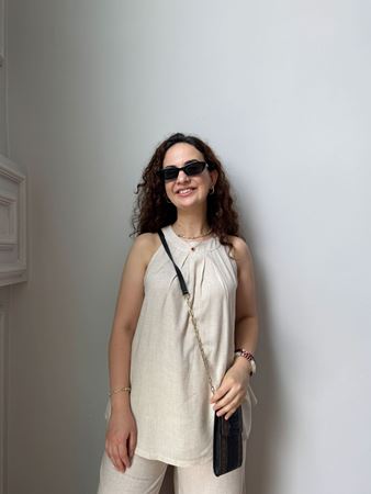 Bej Halter Yaka Keten Bluz