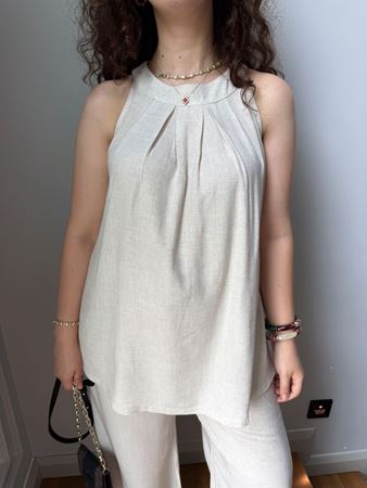 Bej Halter Yaka Keten Bluz