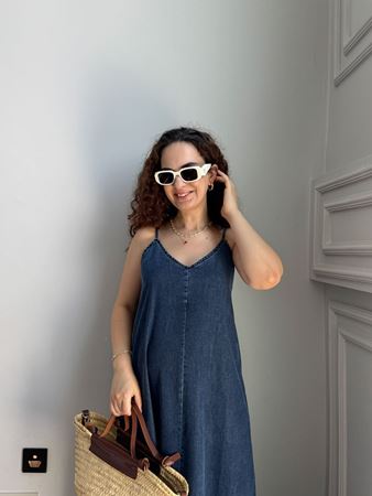 Lacivert İp Askılı Maxi Denim Elbise