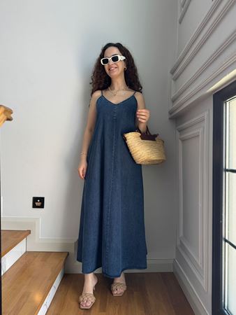 Lacivert İp Askılı Maxi Denim Elbise