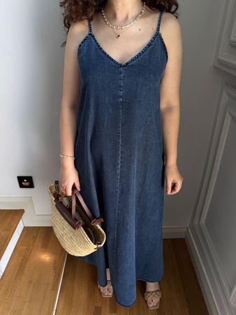 Lacivert İp Askılı Maxi Denim Elbise