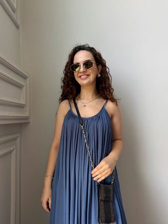 İndigo İp Askılı Keten Elbise