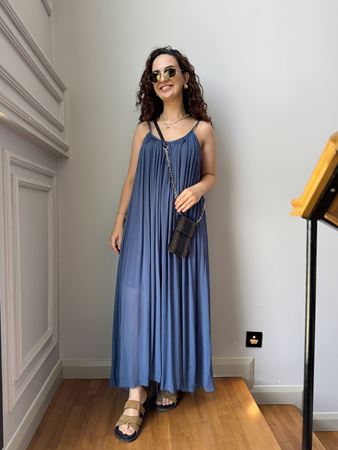 İndigo İp Askılı Keten Elbise