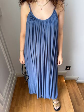 İndigo İp Askılı Keten Elbise