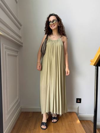Yeşil İp Askılı Keten Elbise
