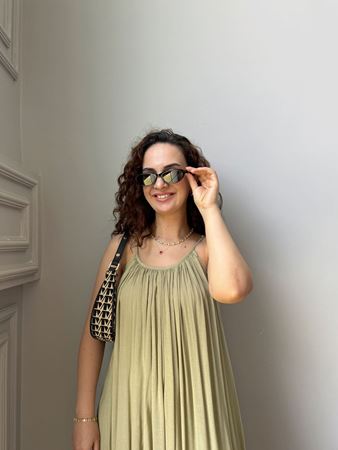 Yeşil İp Askılı Keten Elbise