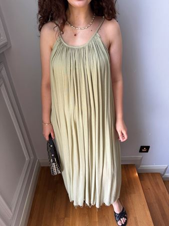 Yeşil İp Askılı Keten Elbise