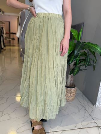 Yeşil Beli Lastikli Kırışık Etek