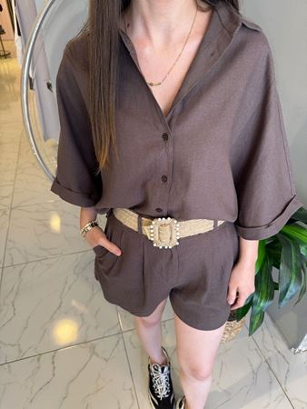 Kahverengi Hasır Kemerli Keten Gömlek Şort Takım