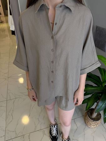 Vizon Hasır Kemerli Keten Gömlek Şort Takım