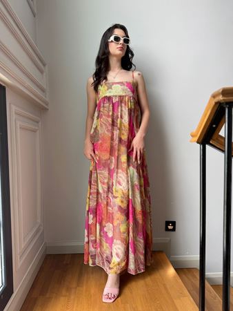 Pembe İnce Askılı Çiçek Baskılı Tül Elbise