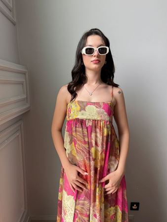 Pembe İnce Askılı Çiçek Baskılı Tül Elbise