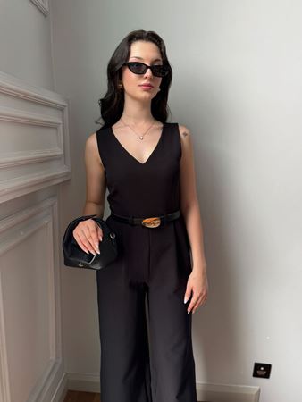 Siyah V Yaka Kendinden Kemerli Tulum