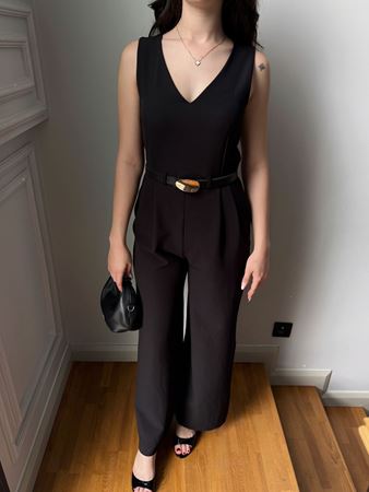 Siyah V Yaka Kendinden Kemerli Tulum