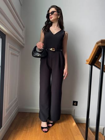 Siyah V Yaka Kendinden Kemerli Tulum