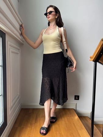 Siyah Dantel Asimetrik Midi Etek