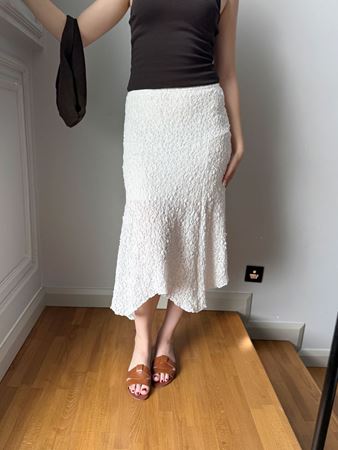 Beyaz Dantel Asimetrik Midi Etek