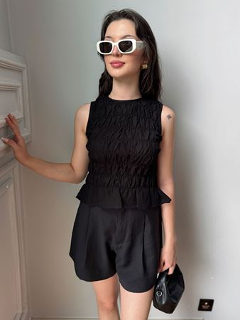 Siyah Drapeli Kolsuz Keten Bluz