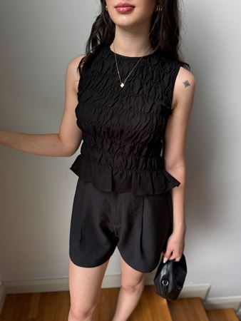 Siyah Drapeli Kolsuz Keten Bluz